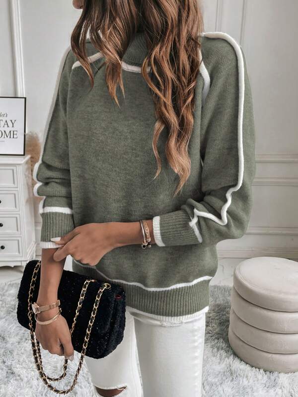 Women's Turtleneck Sweater | Contrast Stripes