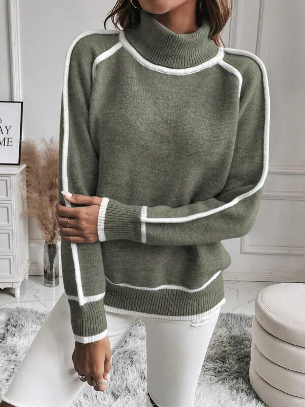 Women's Turtleneck Sweater | Contrast Stripes