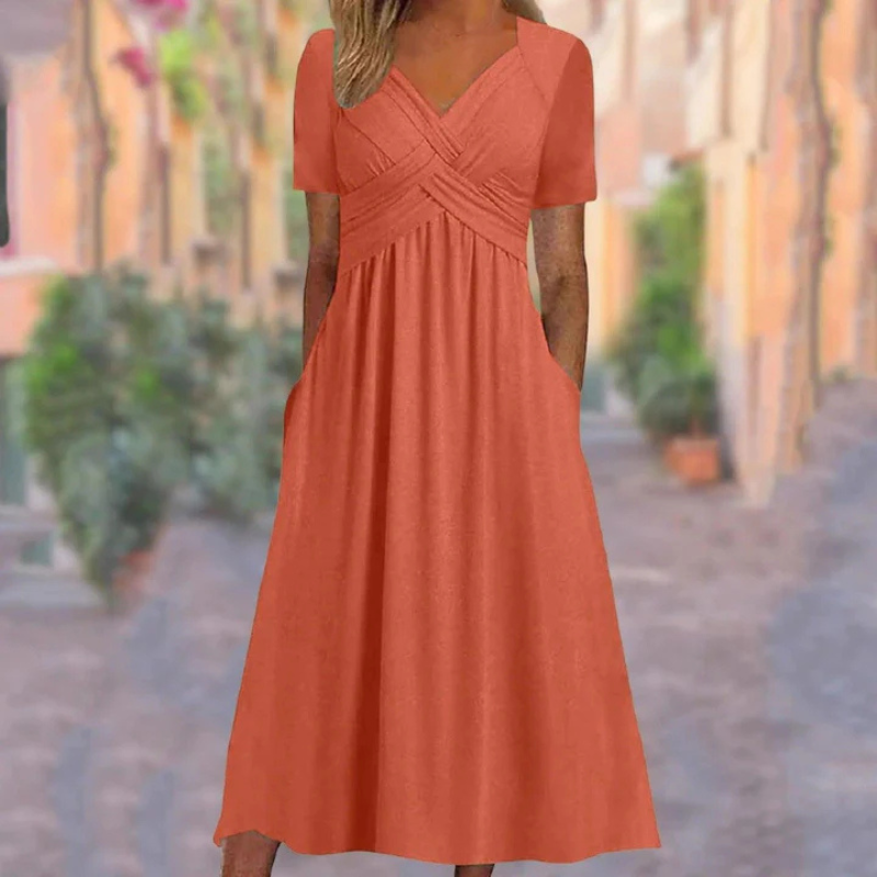 Vestido midi de línea a de mujer | cuello en v