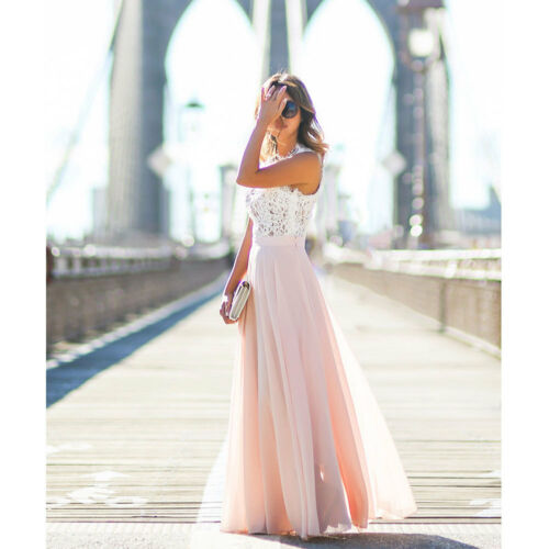 Vestido maxi sin tirantes de encaje de mujer | rosa