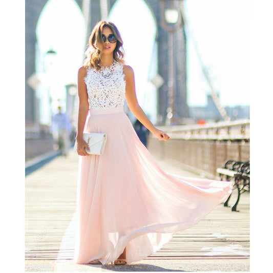 Vestido maxi sin tirantes de encaje de mujer | rosa