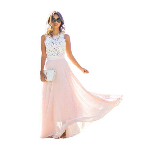 Vestido maxi sin tirantes de encaje de mujer | rosa