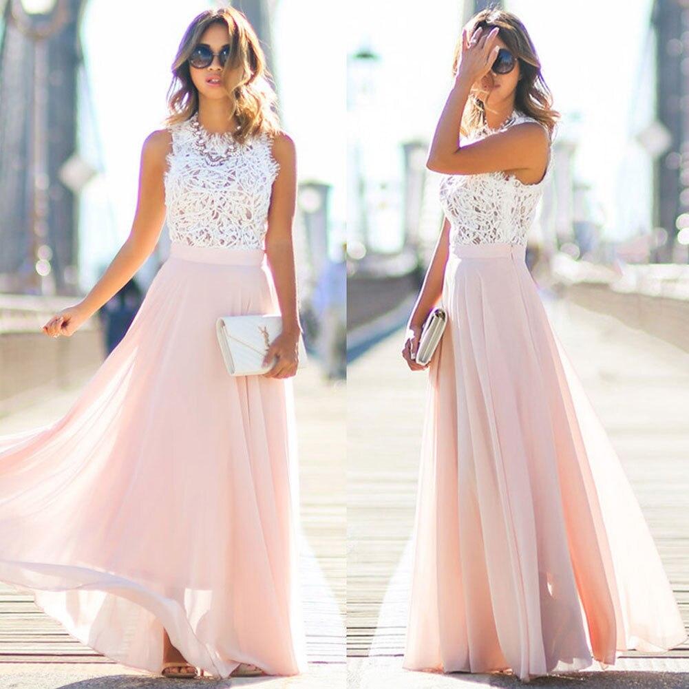 Vestido maxi sin tirantes de encaje de mujer | rosa
