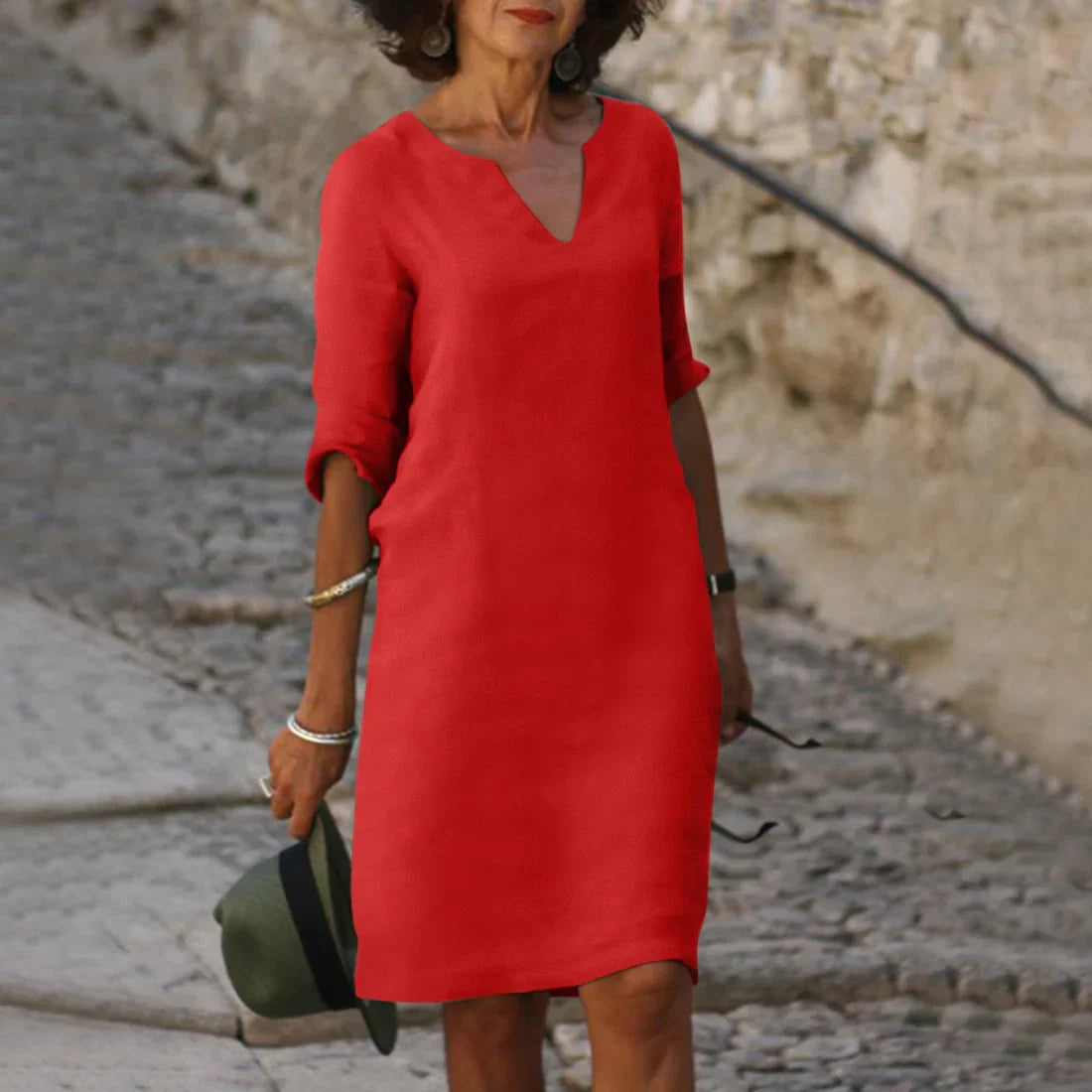 Vestido mini con cuello en v de mujer | manga 3/4