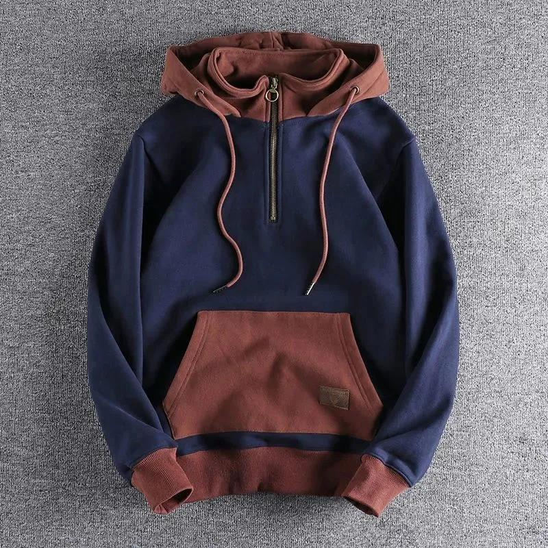 Sudadera gruesa con capucha para hombre con cuello alto y estilo retro en contraste para otoño e invierno