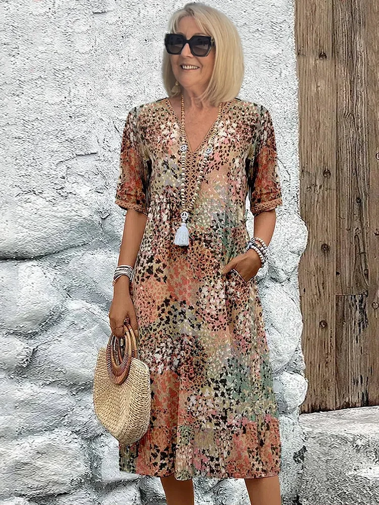Vestido midi con cuello en v de mujer | estampado