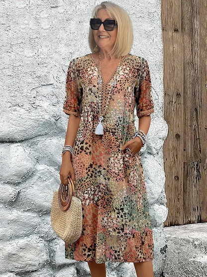 Vestido midi con cuello en v de mujer | estampado