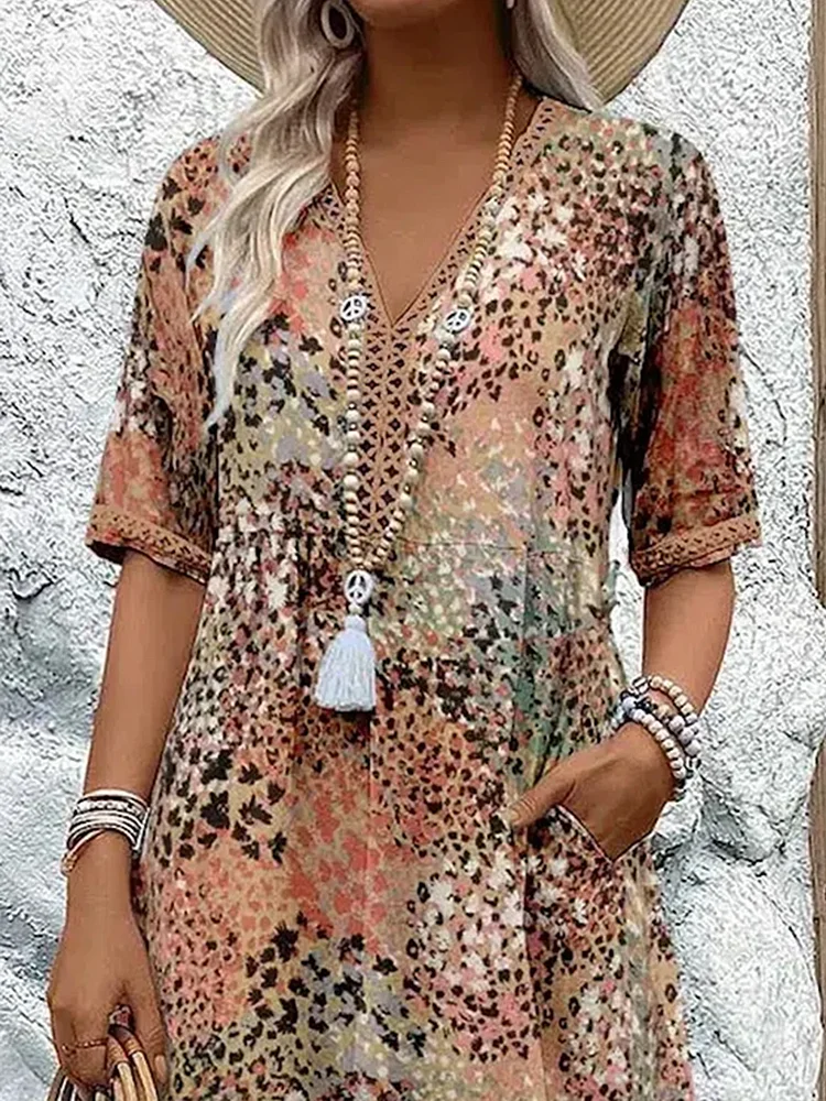 Vestido midi con cuello en v de mujer | estampado