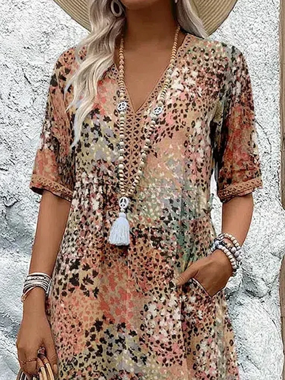 Vestido midi con cuello en v de mujer | estampado