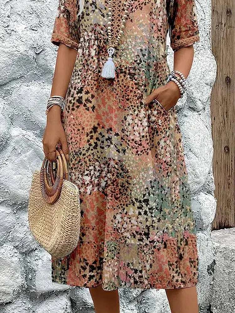 Vestido midi con cuello en v de mujer | estampado