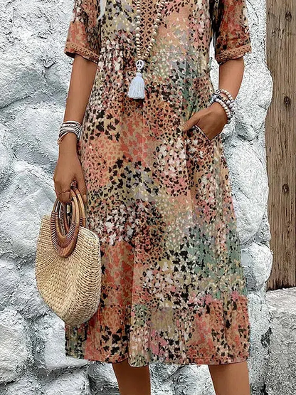 Vestido midi con cuello en v de mujer | estampado