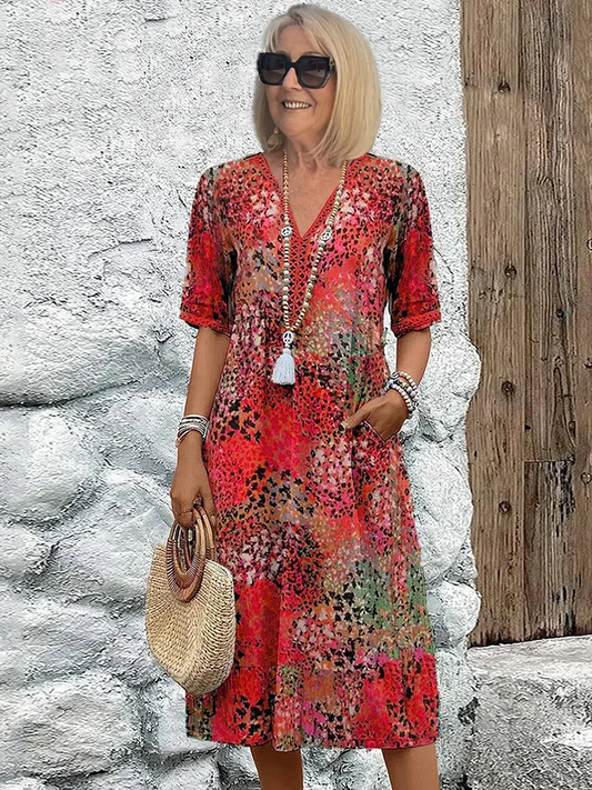 Vestido midi con cuello en v de mujer | estampado