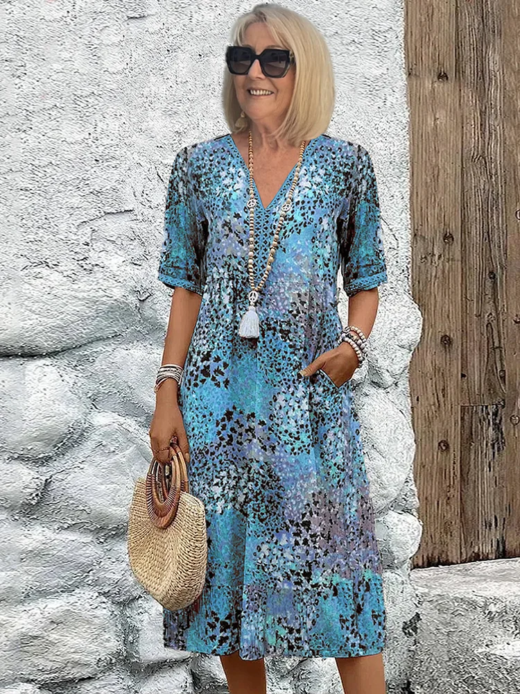 Vestido midi con cuello en v de mujer | estampado
