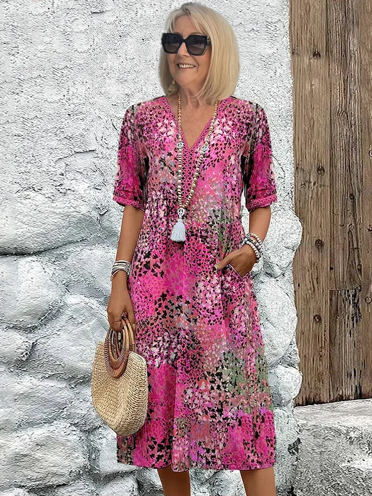 Vestido midi con cuello en v de mujer | estampado