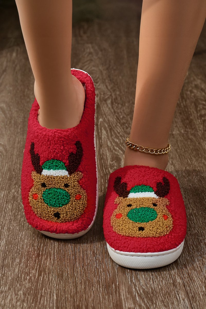 Pantuflas de felpa navideñas con reno y suela gruesa - Carmen Modas - Slides Shoes + Flip Flops