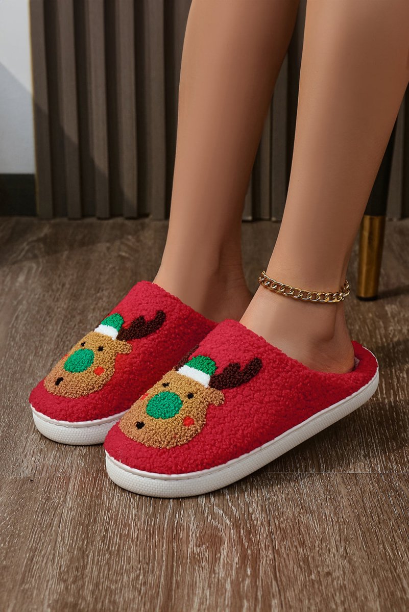 Pantuflas de felpa navideñas con reno y suela gruesa - Carmen Modas - Slides Shoes + Flip Flops