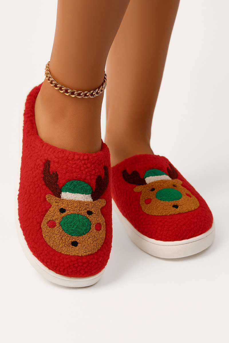 Pantuflas de felpa navideñas con reno y suela gruesa - Carmen Modas - Slides Shoes + Flip Flops