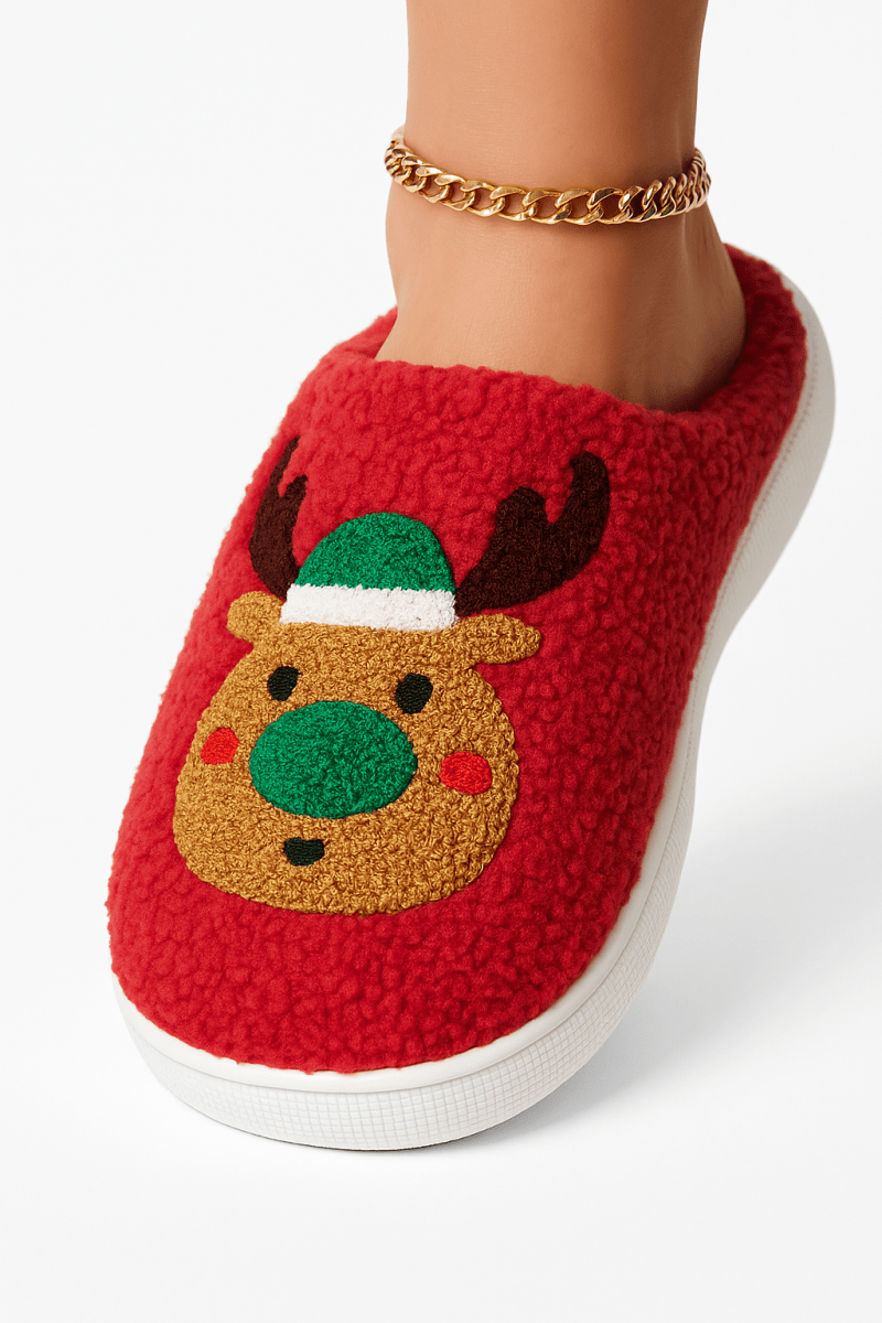 Pantuflas de felpa navideñas con reno y suela gruesa - Carmen Modas - Slides Shoes + Flip Flops