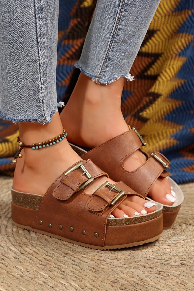 Sandalias Plataforma Mujer con Doble Hebilla y Estilo Retro - Carmen Modas - Slides Shoes + Flip Flops