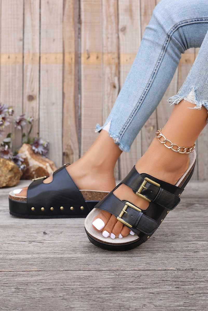 Sandalias Plataforma Mujer con Doble Hebilla y Estilo Retro - Carmen Modas - Slides Shoes + Flip Flops