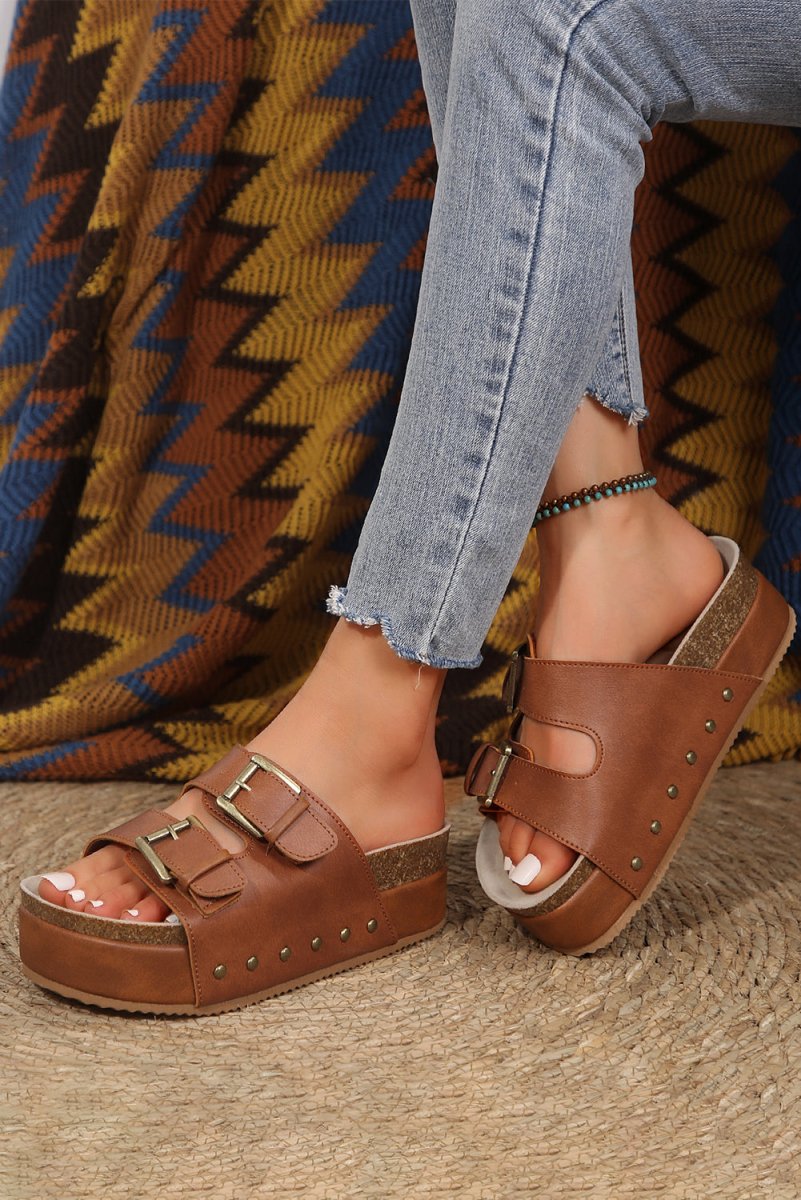 Sandalias Plataforma Mujer con Doble Hebilla y Estilo Retro - Carmen Modas - Slides Shoes + Flip Flops
