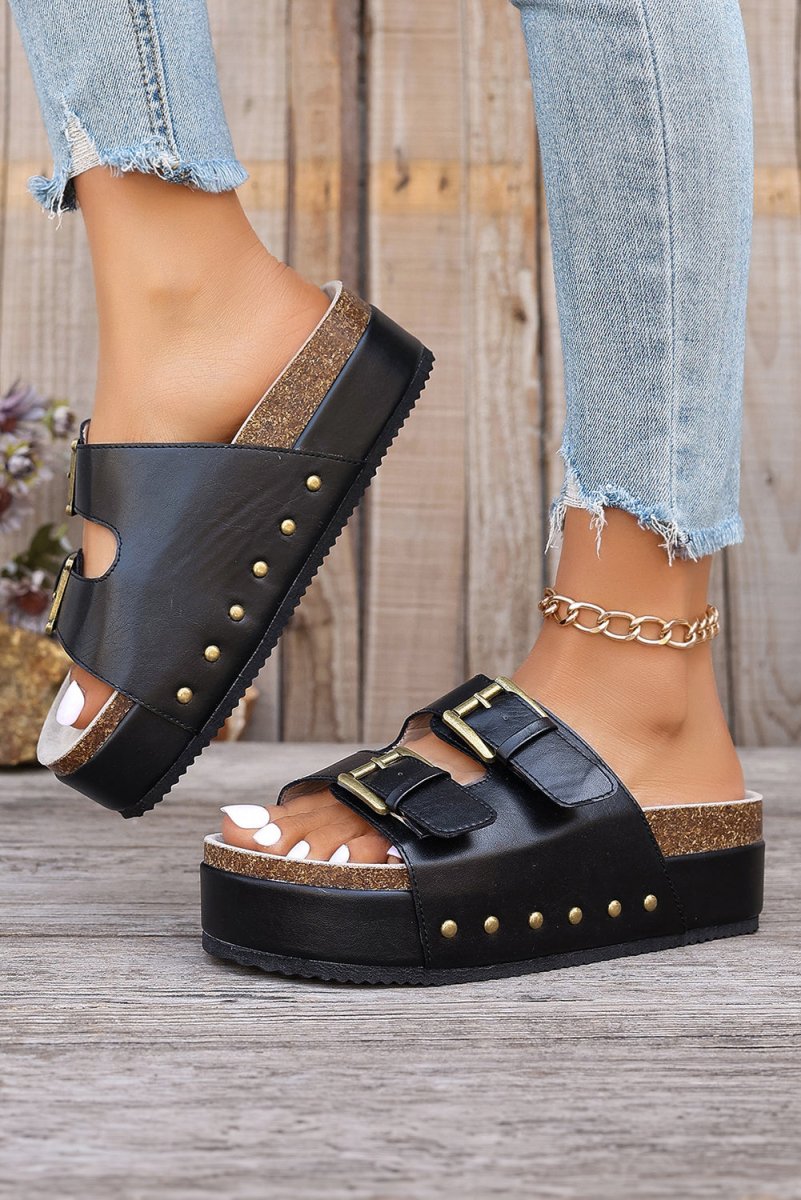 Sandalias Plataforma Mujer con Doble Hebilla y Estilo Retro - Carmen Modas - Slides Shoes + Flip Flops