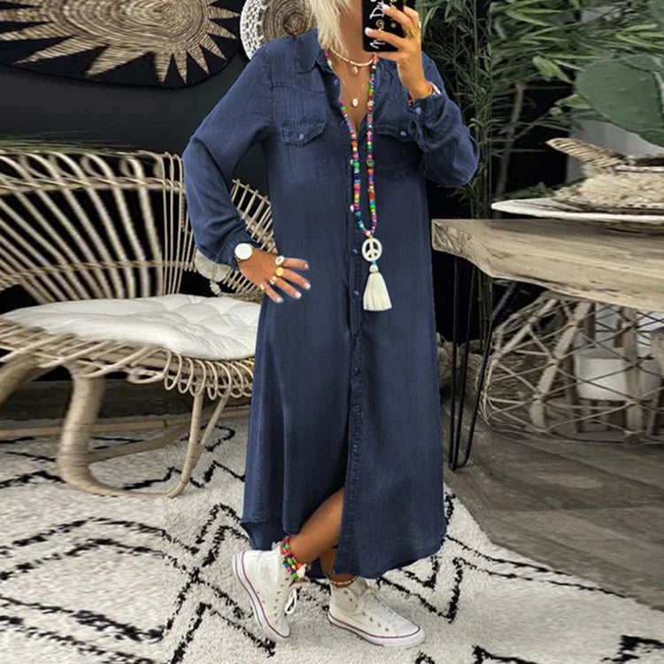 Cara | Chic Long Denim Dress - Dark blue / S - AMVIM